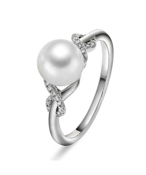 Ring i gull med perle og dia 0,06 ct