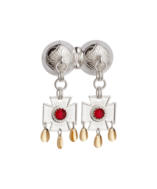 Halssølje med raud stein, kvit/forgylt