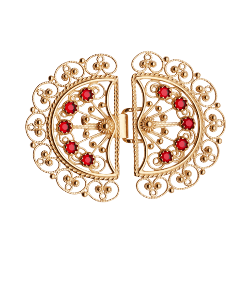 Beltespenne Fana filigran med raud stein, forgylt