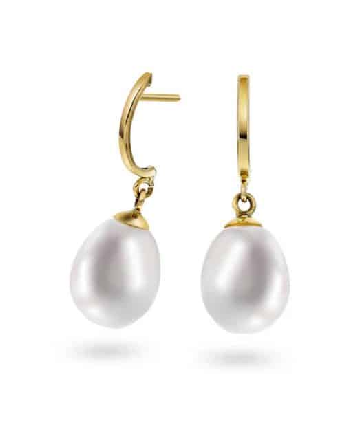 Gulløredobber i gult gull med ferskvannsperle 13mm