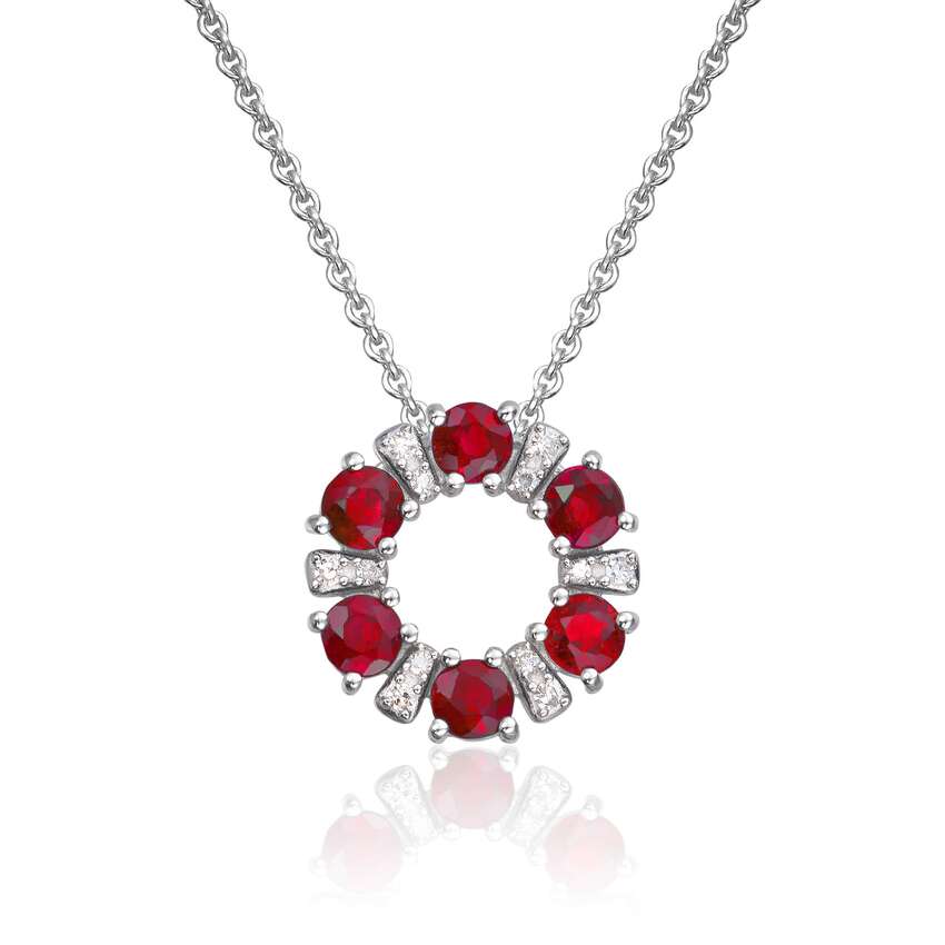 Anheng Sirkel 14K hvitt gull med 0,02ct diamanter og rubiner