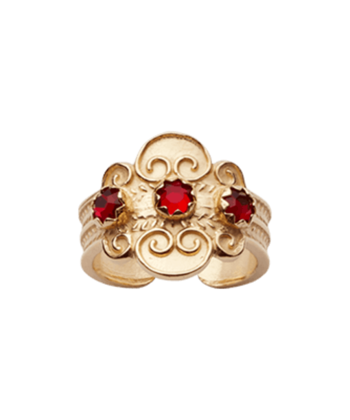 Bunadsring med raud stein, forgylt