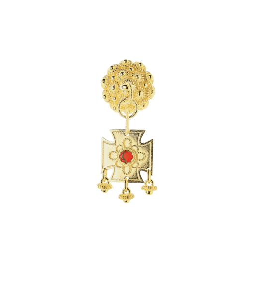 Halssølje Fana med raud stein og stolpe, forgylt