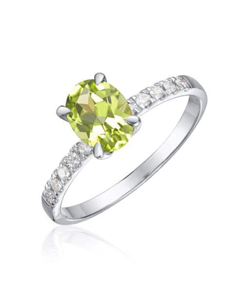 Ring Olivia i hvitt gull med 0,12ct WSI og peridot oval midtstein