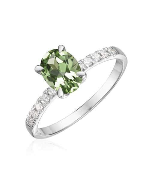 Ring Olivia i hvitt gull med 0,12ct WSI og turmalin oval midtstein