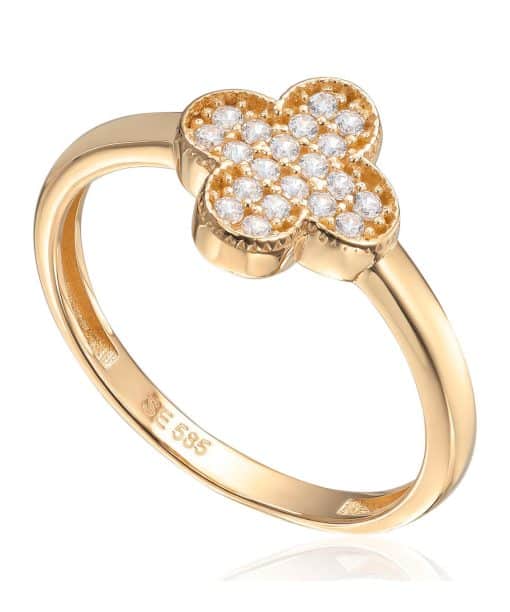 Ring Firkløver i 14K gult gull med Cz