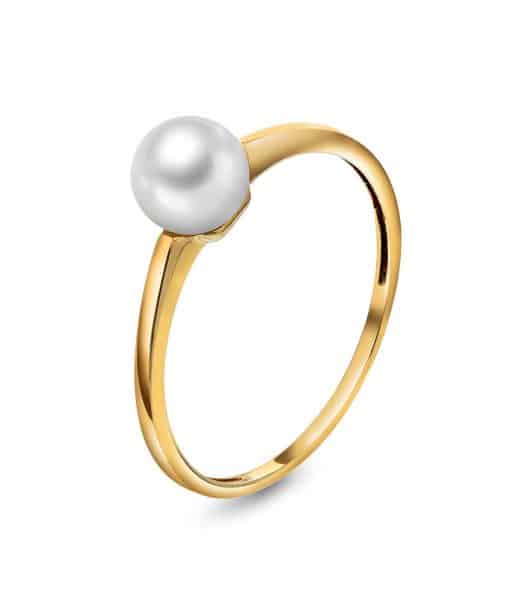 Gullring i gult gull med kultivert ferskvannsperle