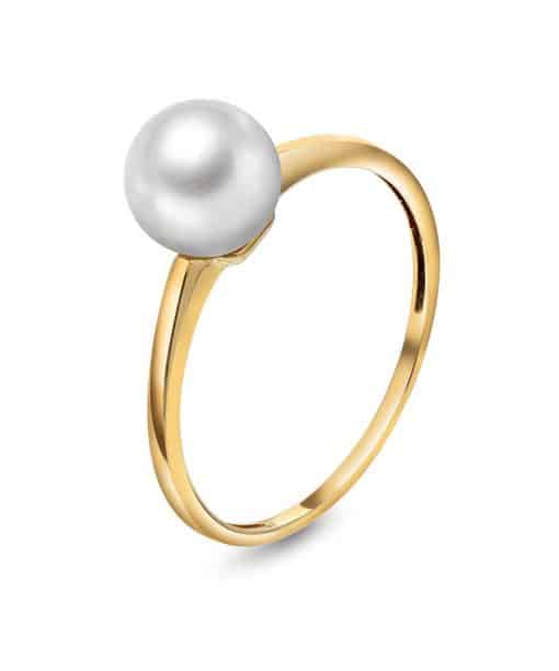 Gullring i gult gull med kultivert ferskvannsperle