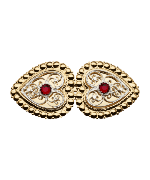 Hårspenne med perlekant og raud stein, forgylt/kvit