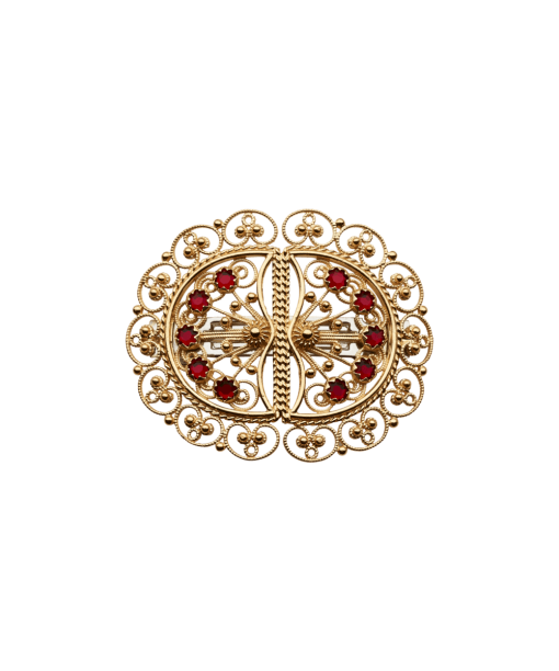 Hårspenne med filigransdekor og raude steinar, forgylt