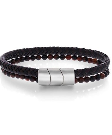 Armbånd i stål m/sort og brunt skinn