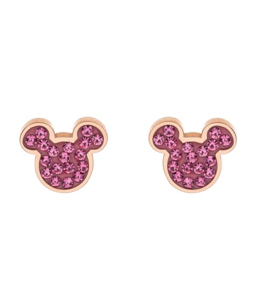 Ørepynt i roseforgylt stål Mikke Mus+rosa zirkoner