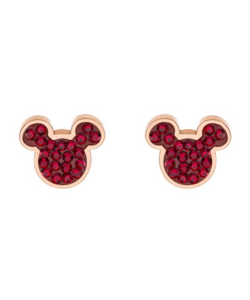 Ørepynt i roseforgylt stål Mikke Mus+røde zirkoner
