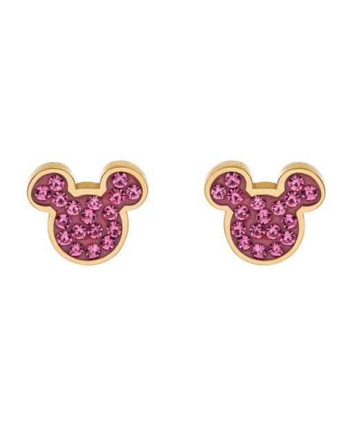 Ørepynt i forgylt stål Mikke Mus+rosa zirkoner