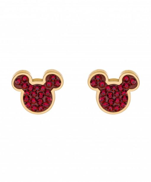 Ørepynt i forgylt stål Mikke Mus+røde zirkoner
