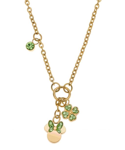 Disney collier i forgylt stål Minni+kløver med grønne zirkoner