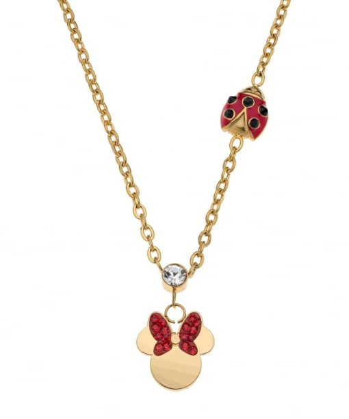 Disney kjede i forgylt stål Minni+marihøne med røde zirkoner