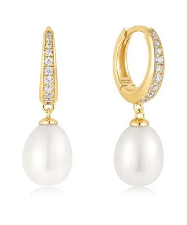 Ania Haie Gold Freshwater Pearl and White Cubic Zirconia Pavé Drop Huggies