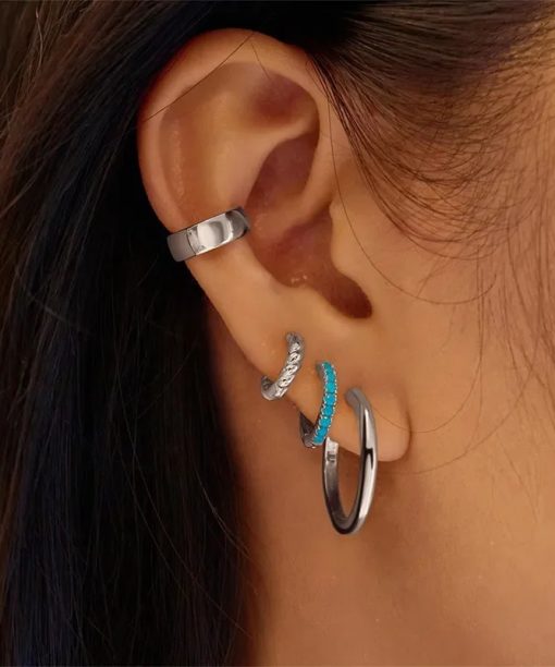 Alternative view of Ania Haie Silver Aqua Blue Row Huggie Hoop Earrings