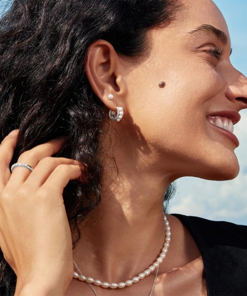 Alternative view of Ania Haie Silver Sparkling Shell Pearl Row Huggie Hoop Earrings