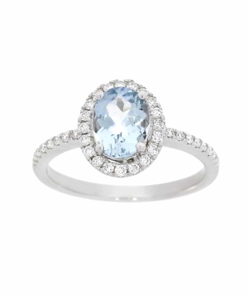 Hvitt gull diamantring med Aquamarin og diamanter 0.30ct TW.SI