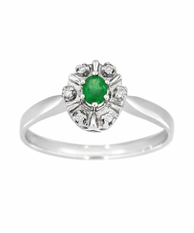 Hvitt gull ring med samragd og diamanter
