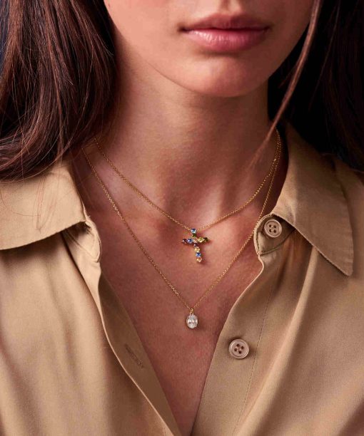 Alternative view of Sif Jakobs Necklace Belluno Croce  - 18k Gold Plated, With Multicoloured Zirconia