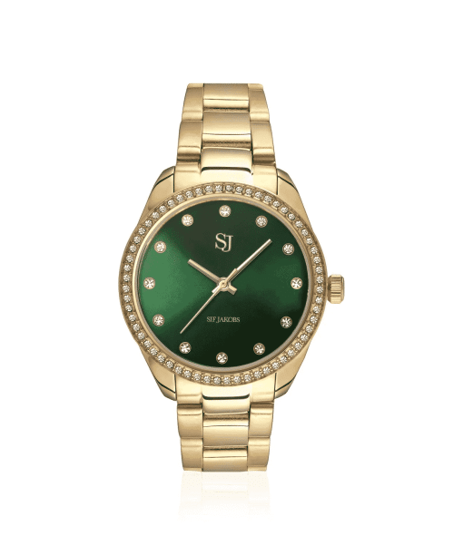 Sif Jakobs Watch Valeria - Gold plated stainless steel with green sunray dial and white zirconia.