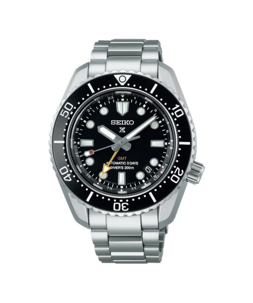 Produktbilde av Seiko Prospex Sea GMT med sort urskive og stållenke. Referanse. SPB383J1